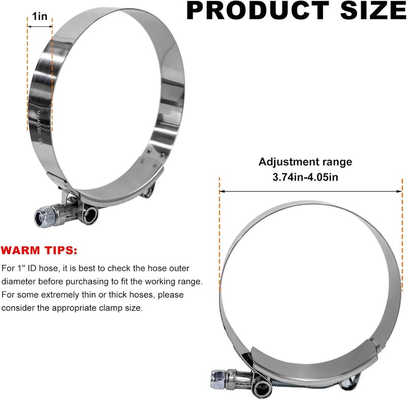 Wevdn 4PCS 3.5" T-Bolt Hose Clamp, Stainless Steel Tube Clamp with 95mm-103mm ID Range, Heavy-Duty Adjustable T-Bolt Turbo Intake Clamp for 3.5" Hose ID, Radiator Hose Clamp - Image 2